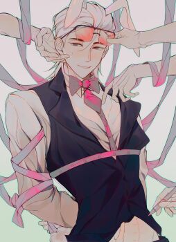 Rule 34 | 1boy, 5others, alternate costume, animal ears, aqua outline, arms behind back, artist name, black vest, body writing, bound, bound arms, bow, bowtie, collared shirt, commentary, dated, gradient background, grey eyes, grin, heart, heart-shaped pupils, highres, holding, holding pen, lapels, length markings, looking at viewer, male focus, multiple others, naiann49374, necktie, notched lapels, orange-tinted eyewear, outline, pen, pink bow, pink bowtie, pink necktie, rabbit ears, rabbit hole (vocaloid), rabbit tail, rectangular eyewear, red pupils, ribbon, ribbon bondage, shirt, simple background, smile, solo focus, sunglasses, sweat, untranslatable commentary, symbol-shaped pupils, tail, tinted eyewear, to be hero x, twitter username, vest, white background, white hair, white shirt, wing collar, x (to be hero x)