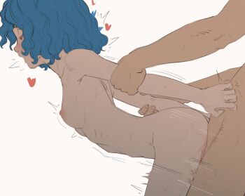 1boy 1girl ^^^ arched_back arm_held_back berserk blue_hair breasts butterchalk closed_eyes commentary completely_nude english_commentary freckles from_side heart hetero highres isma loli motion_lines nipples nude open_mouth profile sex sex_from_behind short_hair simple_background sketch small_breasts solo_focus sweat vaginal white_background