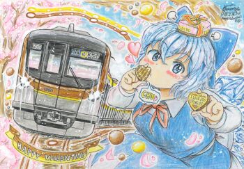 Rule 34 | air bubble, artist name, blue dress, blue eyes, blue hair, blue ribbon, blush, box, box of chocolates, bubble, candy, cherry blossoms, chocolate, chocolate heart, cirno, colored pencil (medium), commentary request, dress, falling petals, food, graphite (medium), hair between eyes, hamamiya kabocha, happy valentine, headlight beam, heart, heart-shaped food, highres, holding, holding chocolate, holding food, kiss, leaning forward, light blush, necktie, petals, pink petals, pink ribbon, pop-up headlights, railroad tracks, red necktie, red ribbon, ribbon, signature, sound effects, steam, tokyo metro, touhou, traditional media, train, tree, valentine