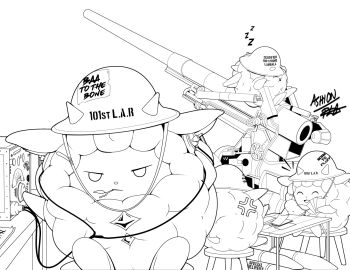 Rule 34 | 4others, anger vein, anti-aircraft, anti-aircraft gun, artillery, artist name, brodie helmet, card, closed eyes, combat helmet, commentary, english commentary, english text, field radio, grass, greyscale, helmet, lamball, monochrome, multiple others, on stool, outdoors, pal (creature), palworld, playing card, pun, shell, signature, zerberin1, zzz