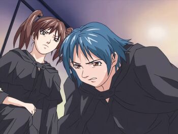 00s 2001 2girls amatsuki_jun animated animated_gif bible_black bible_black_night_of_the_walpulgiss blue_hair brown_hair kurimoto_maki multiple_girls praying red_eyes ritual robe short_hair tagme twintails yellow_eyes