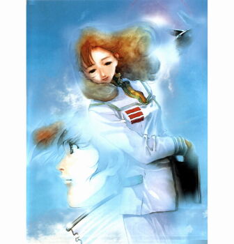 Rule 34 | 1boy, 1girl, asian, blue sky, brown hair, cloud, hayase misa, highres, ichijou hikaru, jolly roger, long hair, macross, macross: do you remember love?, mecha pilot suit, mikimoto haruhiko, military rank insignia, military uniform, painting (medium), promotional art, red lips, scan, skirt, sky, traditional media, u.n. spacy, variable fighter