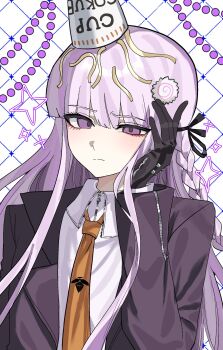 1girl black_gloves black_ribbon braid collared_shirt danganronpa:_trigger_happy_havoc danganronpa_(series) food food_on_head frown gloves hair_ribbon highres instant_cup_noodles instant_noodles jacket kirigiri_kyoko long_hair long_sleeves looking_at_viewer object_on_head pink_hair ribbon shirt solo tarutaru428 upper_body white_background