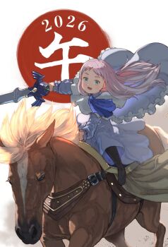 1girl 2026 blue_eyes boots child commentary_request frills green_eyes highres holding holding_sword holding_weapon horse horseback_riding long_hair open_mouth pink_hair riding solo sousou_no_frieren sword sword_village_chief_(sousou_no_frieren) teeth ve_0ekaki weapon