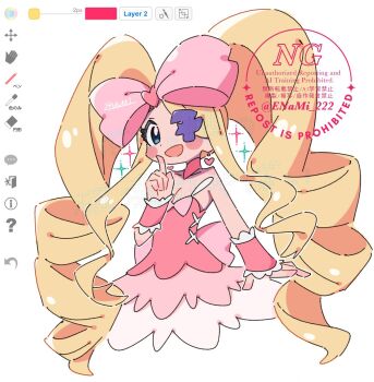 1girl :d art_program_in_frame blonde_hair blue_eyes blush bow breasts cleavage colored_eyepatch detached_collar dress drill_hair earrings enami_222 eyepatch hair_bow harime_nui heart heart_earrings highres index_finger_raised jewelry kill_la_kill lolita_fashion open_mouth pink_bow pink_dress pink_wrist_cuffs smile sparkle twin_drills white_background wrist_cuffs