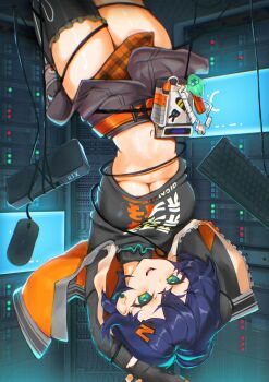 1girl absurdres belle_(zenless_zone_zero) black_shirt blue_hair breasts cable cleavage commentary computer_keyboard computer_mouse crossed_bangs earrings english_commentary geforce_rtx_5090 graphics_card green_eyes grey_skirt hair_between_eyes hair_ornament highres hirosenpai indoors jewelry large_breasts letter_hair_ornament looking_at_viewer navel necklace open_mouth print_shirt restrained screen server server_room shirt short_hair single_thighhigh skirt solo stuck thighhighs upside-down zenless_zone_zero zipper