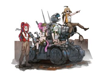 4girls advarcher ahoge animal_ears bandana blonde_hair blue_hair boots brown_hair brown_pants cecilia_immergreen colored_inner_hair commentary cosplay crossed_legs doll_joints elizabeth_rose_bloodflame english_commentary fio_germi fio_germi_(cosplay) full_body gigi_murin glasses green_eyes green_vest head_rest headband highres hololive hololive_english indian_style joints kasamoto_eri kasamoto_eri_(cosplay) knee_pads long_hair marco_rossi marco_rossi_(cosplay) metal_slug military_vehicle motor_vehicle multicolored_hair multiple_girls one_eye_closed panther_ears panther_girl panther_tail pants pink_hair pointing pointing_forward ponytail raora_panthera red_eyes red_hair red_vest shirt short_twintails simple_background sitting standing sunglasses sv001_(metal_slug) tail tank tank_top tarma_roving tarma_roving_(cosplay) twintails two-tone_hair vest virtual_youtuber white_background white_hair white_shirt white_tank_top yellow_eyes yellow_vest
