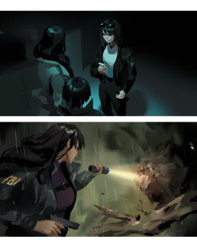 1boy 2girls absurdres aina_(mayexplode) alternate_costume alternate_universe black_hair black_jacket black_pants black_sleeves blunt_ends border braid chest_belt coat contemporary creature eyewear_on_head fbi flashlight genshin_impact gun hair_over_shoulder handgun highres holding holding_flashlight holding_gun holding_phone holding_weapon jacket kujou_sara long_hair long_sleeves looking_at_another low-braided_long_hair low-tied_long_hair mole mole_under_eye mother_and_son multicolored_hair multiple_girls pants phone purple_hair raiden_shogun scaramouche_(genshin_impact) shirt sidelocks streaked_hair sunglasses undershirt weapon white_border white_coat white_shirt