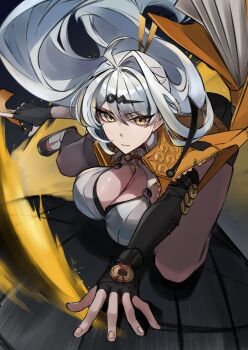 1girl ahoge asymmetrical_gloves black_gloves black_unitard breasts cleavage closed_mouth coin coin_on_string commentary_request elbow_gloves fingerless_gloves gloves hair_between_eyes hand_on_floor highres holding holding_ofuda jacket large_breasts long_hair looking_at_viewer mole mole_on_chest ofuda single_elbow_glove single_hair_intake single_thighhigh solo thighhighs uneven_gloves user_yerf5583 v-shaped_eyebrows white_hair yellow_eyes yellow_jacket yin_yang_pin yixuan_(zenless_zone_zero) zenless_zone_zero