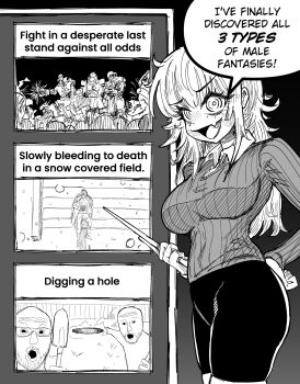 1girl 6+boys adeptus_astartes blade_runner_(series) blade_runner_2049 commentary english_commentary english_text fang greyscale highres holding holding_pointer hole k_(blade_runner_2049) last_stand meme mimi_(nhim) monochrome movie_reference multiple_boys nhim original pointer pointing skin_fang snow speech_bubble the_masculine_urge_to_slowly_bleed_out_here_(meme) two_soyjaks_pointing_(meme) warhammer_40k