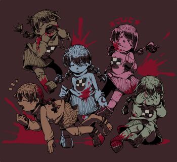 1girl blood blood_in_hair blood_on_clothes blood_on_face blood_on_hands braid brown_background cheek_pull chomahu closed_eyes crying expressionless highres licking_lips long_sleeves low_twin_braids madotsuki multiple_monochrome multiple_views open_mouth sharp_teeth shoes socks teeth tongue tongue_out twin_braids yume_nikki