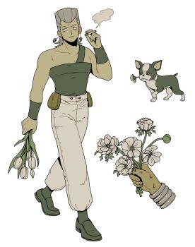 23011620x 3boys boston_terrier bracer broken_heart cigarette dark-skinned_male dark_skin dog earrings flattop flower full_body heart highres holding holding_cigarette iggy_(jojo) jean_pierre_polnareff jewelry jojo_no_kimyou_na_bouken male_focus mohammed_avdol multiple_boys simple_background tall_hair terrier_(dog) white_background white_flower white_hair wristband