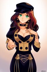 Rule 34 | 1girl, artist name, black hat, bracelet, breasts, brown hair, buttons, cabbie hat, cleavage, closed mouth, commentary, dorothea arnault, english commentary, fingernails, fire emblem, fire emblem: three houses, garreg mach monastery uniform, green eyes, hat, head tilt, highres, jewelry, large breasts, long hair, long sleeves, nintendo, smgold, smile, solo, wavy hair