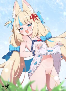 1girl animal_ear_fluff animal_ears blonde_hair blue_eyes blue_hair blue_nails boppin bow cat_ears clothes_lift commentary commission dress dress_lift english_commentary fins fish_girl fish_tail hair_bow highres indie_virtual_youtuber lifting_own_clothes loli long_hair multicolored_hair navel no_panties open_mouth outdoors pee peeing sameko_saba sameko_saba_(1st_costume) solo streaked_hair tail twintails variant_set virtual_youtuber white_dress