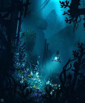 air_bubble artist_logo blue_theme bubble commentary coral coral_reef english_commentary highres logo machine nature no_humans no_lineart original outdoors overgrown ruins scenery sea_anemone seafloor seaweed shipwreck submerged sunlight underwater waltjan water