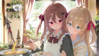 Rule 34 | 2girls, absurdres, ahoge, apron, black cardigan, blue eyes, blue sailor collar, bottle, bow, bowtie, broken heart, broken heart hair ornament, brown hair, cardigan, chopsticks, closed mouth, commentary, commission, curtains, day, dress shirt, english commentary, evil neuro-sama, food, food request, from side, hair between eyes, hair ornament, hair ribbon, heart, heart hair ornament, highres, holding, holding chopsticks, holding plate, indoors, long hair, long sleeves, multiple girls, neuro-sama, orenjiineko, parted lips, plate, red bow, red bowtie, red eyes, red ribbon, ribbon, sailor collar, second-party source, shirt, siblings, sisters, skull hair ornament, smile, sunlight, torn hair ribbon, twins, two side up, vedal ai, virtual youtuber, white apron, white shirt, window, yellow cardigan