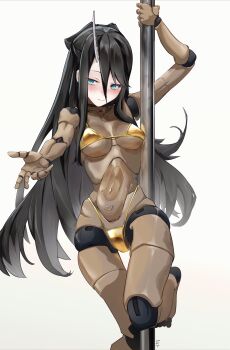absurdres android bikini black_hair black_hairband blush breasts chinese_commentary commentary copyright_request girls'_frontline girls'_frontline_2:_exilium gold_bikini green_eyes hairband highleg highleg_bikini highres holding horns joints long_hair lotan mechanical_arms mechanical_hands mechanical_legs medium_breasts phaetusa_(girls'_frontline_2) pole robot_joints signature single_horn single_mechanical_hand solo stripper_pole swimsuit thighs white_background