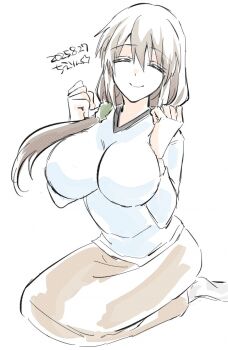 1girl artist_request blush breasts closed_eyes grey_hair highres large_breasts long_hair long_skirt low_side_ponytail mature_female sitting skirt smile socks solo uzaki-chan_wa_asobitai! uzaki_tsuki