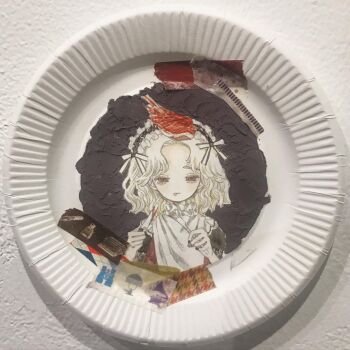 1girl acrylic_paint_(medium) animal animal_on_head bird bird_on_head blonde_hair bow braid closed_mouth collage_(medium) collar commentary expressionless eye_contact frilled_collar frills grey_background hair_between_eyes hair_bow hair_ribbon hairband half-closed_eyes highres holding indoors karintoun long_sleeves looking_at_another looking_at_viewer masking_tape medium_hair mixed_media neck_ribbon on_head original painting_(medium) pale_skin paper_plate parted_bangs photo_(medium) plate portrait red_bird red_eyes ribbon sidelocks signature simple_background solo straight-on traditional_media watercolor_(medium) wavy_hair white_background