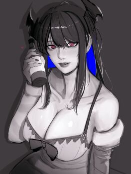 1girl absurdres asymmetrical_horns bare_shoulders black_hair blue_hair bottle breasts cleavage collarbone colored_inner_hair demon_horns detached_sleeves dress from_above grey_background highres holding holding_bottle hololive hololive_english horns large_breasts long_hair looking_at_viewer mole mole_under_eye multicolored_hair nerissa_ravencroft parted_lips pink_eyes sidelocks simple_background soju_ice solo split-color_hair two-tone_hair uneven_horns virtual_youtuber