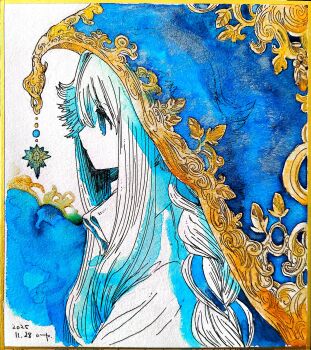 1girl blue_eyes commentary_request dress expressionless gold_trim highres hood limited_palette long_hair omitasi original profile shikishi solo traditional_media upper_body white_hair