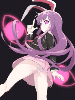 1girl animal_ears ass black_background black_jacket bright_pupils closed_mouth finger_gun from_behind glowing jacket long_hair long_sleeves looking_at_viewer looking_back miniskirt necktie panties pantyshot pink_eyes pink_skirt polpol purple_hair rabbit_ears reisen_udongein_inaba simple_background skirt solo standing thighs underwear white_panties