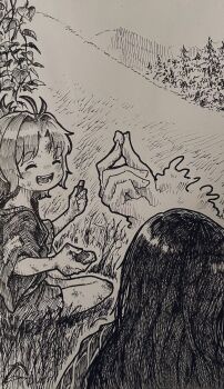 1boy 2girls chipped_tooth closed_eyes dirty dirty_face facing_another facing_away food from_behind greyscale highres hijiri_byakuren holding holding_food kumoi_ichirin long_hair monochrome multiple_girls open_mouth outdoors rags sitting smile suteruko touhou traditional_media unzan
