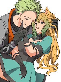Rule 34 | 1boy, 1girl, 3ano3, achilles (fate), animal ears, armor, atalanta (fate), blonde hair, breasts, cat ears, cat girl, cleavage cutout, clothing cutout, commentary request, dress, fate/apocrypha, fate (series), gloves, gradient hair, green dress, green eyes, green hair, green skirt, hand on another's head, hetero, highres, long hair, medium breasts, multicolored hair, open mouth, orange eyes, short hair, skirt, smile