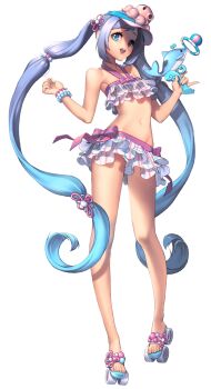 Rule 34 | 1girl, bikini, bikini skirt, blue eyes, blue hair, bracelet, chaos online, female focus, flat chest, frilled bikini, frills, full body, gradient hair, highres, jewelry, long hair, looking at viewer, love cacao, matching hair/eyes, multicolored hair, navel, official art, open mouth, roller skates, ruffle bikini, sandals, silver hair, skates, smile, solo, swimsuit, transparent background, twintails, tyria (chaos online), very long hair, water gun