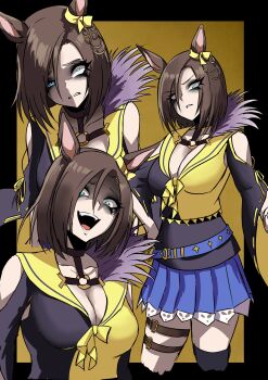 Rule 34 | 1girl, absurdres, air groove (empress road) (umamusume), air groove (umamusume), animal ears, belt, black thighhighs, blue belt, blue eyes, blue skirt, bow, breasts, brown choker, brown hair, choker, cleavage, commentary request, ear bow, ear chain, feathers, hair between eyes, highres, horse ears, horse girl, large breasts, linked piercing, long sleeves, looking at viewer, multiple views, nagai negi, open mouth, parted lips, piercing, sailor collar, shirt, short hair, single thighhigh, skirt, smile, teeth, thigh strap, thighhighs, umamusume, yellow bow, yellow sailor collar