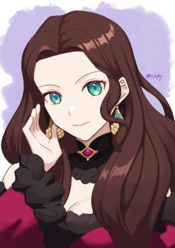 1girl breasts brown_hair cleavage commentary dorothea_arnault earrings fire_emblem fire_emblem:_three_houses frilled_sleeves frills green_eyes jewelry long_hair looking_at_viewer nintendo signature solo sylphy_fe symbol-only_commentary upper_body