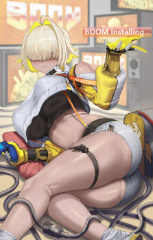 1girl arm_guards ass belt blonde_hair blush breasts cable closed_mouth clothing_cutout controller crop_top crop_top_overhang cropped_sweater curvy elegg_(nikke) game_controller gloves goddess_of_victory:_nikke hair_intakes hair_over_eyes highres huge_breasts long_bangs long_sleeves lying midriff on_side purple_eyes short_shorts shorts shoulder_cutout silvertsuki smile solo sweater thick_thighs thighs white_shorts white_sweater