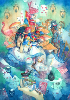 1boy 1girl alice_(alice_in_wonderland) alice&#039;s_adventures_in_wonderland argyle_clothes argyle_legwear bird black_hair blue_dress book book_stack bottle card chair checkered_clothes checkered_legwear cheshire_cat_(alice_in_wonderland) clubs cup diamonds dress falling flamingo floating_card hair_ribbon hands_on_another&#039;s_face hands_on_own_face hat heart highres key lantern lying mad_hatter_(alice_in_wonderland) march_hare_(wonderland) mushroom painting_(medium) patterned_legwear playing_card pocket_watch ribbon sandals shuka_(taupe) sitting spade spade_(shape) spades stacking surreal teacup tears traditional_media watch water watercolor_(medium) white_dress