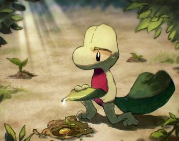 arc_draws black_eyes colored_sclera colored_skin commentary english_commentary gecko gen_3_pokemon green_skin leaf lizard nintendo no_humans plant pokemon pokemon_(creature) pokemon_focus pokemon_rse seed treecko water water_drop watering yellow_sclera