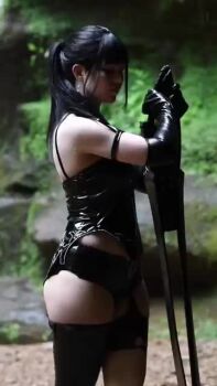 Rule 34 | 1girl, a2 (nier:automata), a2 (nier:automata) (cosplay), abi aikou, animated, audible music, bare shoulders, black gloves, black hair, black thighhighs, cosplay, eve (stellar blade), eve (stellar blade) (cosplay), female focus, gloves, holding, holding weapon, nier:automata, nier (series), outdoors, photo (medium), ponytail, real life, solo, sound, stellar blade, tagme, thighhighs, tree, video, weapon