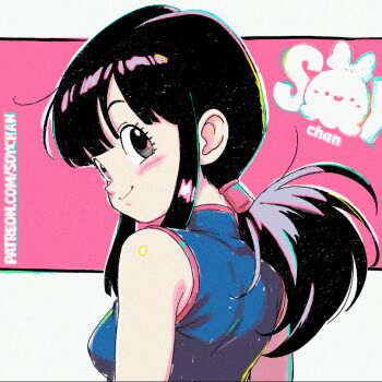 artist_logo black_eyes blue_dress blush breasts chi-chi_(dragon_ball) chinese_clothes commentary creative_signature dragon_ball dress english_commentary hair_between_eyes large_breasts logo long_hair looking_at_viewer looking_back multicolored_hair patreon_username pink_background ponytail red_dress sidelocks sleeveless smile soy-chan turtleneck two-tone_dress two-tone_hair upper_body white_background