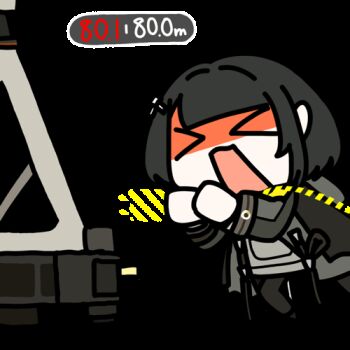 >_< 1girl animated animated_gif arknights arknights:_endfield black_hair chibi chinese_commentary commentary_request endministrator_(arknights) female_endministrator_(arknights) gameplay_mechanics lowres medium_hair open_mouth seseren simple_background transparent_background