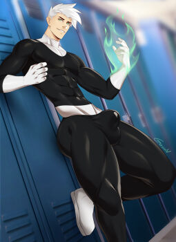1boy belt black_bodysuit blurry bodysuit bulge covered_abs danny_fenton danny_phantom depth_of_field fire flaming_hand gasaiv gloves green_eyes green_fire grin highres indoors leaning_back locker looking_at_viewer looking_down male_focus muscular pectorals pov pyrokinesis shoes short_hair signature skin_tight smile solo standing teeth white_belt white_gloves white_hair white_shoes