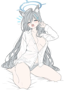 1girl animal_ear_fluff animal_ears blue_archive blue_eyes blue_halo broken_halo calvin_klein commentary covered_erect_nipples cross english_commentary grey_hair halo highres inverted_cross mismatched_pupils on_bed open_clothes shiroko_terror_(blue_archive) sitting t1kosewad underwear wariza white_background wolf_ears yawning