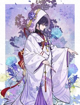 Rule 34 | 1girl, abstract background, arm up, back bow, blunt bangs, bow, chinese commentary, closed mouth, commentary request, feizhoudaqiuzhangperper, floral background, from side, genshin impact, hair ornament, highres, holding, hood, hood up, japanese clothes, kimono, long sleeves, looking down, mitsudomoe (shape), mole, mole under eye, neck ribbon, purple background, purple eyes, purple hair, purple robe, raiden shogun, red ribbon, ribbon, robe, solo, standing, tomoe (symbol), uchikake, upper body, wedding, wide sleeves