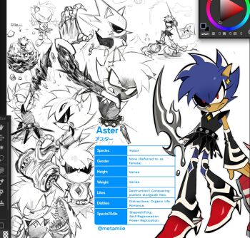 aster_(metamiie) boots claws english_text father_and_daughter high_heel_boots high_heels if_they_mated liquid_metal liquid_weapon metal_sonic metamiie neo_metal_sonic original reference_sheet robot skirt sonic_(series)