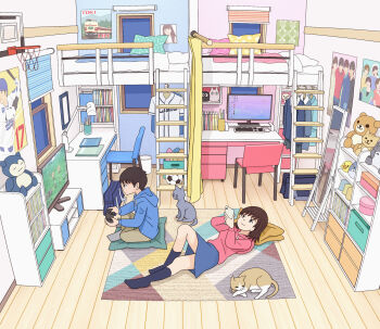 1boy 1girl animal bag ball baseball_bat basketball_hoop bed bedroom black_eyes black_skirt black_socks blanket blue_cardigan blue_hoodie blue_skirt breasts brother_and_sister brown_hair brown_pants bunk_bed cardigan cat cellphone clothes_hanger computer computer_keyboard computer_mouse controller cup curtains desk desk_lamp game_controller gen_1_pokemon grey_fur grey_socks highres holding holding_controller holding_game_controller holding_phone hood hoodie kiyo_(kyokyo1220) lamp long_sleeves lying mirror monitor moomin moomintroll nintendo on_floor orange_fur original pants pen phone pillow pink_hoodie playing_games pokemon poster_(object) rilakkuma rug san-x school_bag shirt short_hair siblings sitting skirt small_breasts smartphone smile snorlax soccer_ball socks studio_ghibli stuffed_animal stuffed_bird stuffed_cat stuffed_toy teddy_bear television tonari_no_totoro totoro unworn_cardigan unworn_shirt unworn_skirt white_shirt window window_blinds