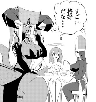 3girls alipheese_fateburn_xv angel angel_wings breasts colored_skin commentary commentary_request cup feathered_wings flower food hair_tattoo hair_vines halo highres holding holding_cup lamia large_breasts large_horns long_hair long_sleeves lucifina_(mon-musu_quest!) mon-musu_quest! monster_girl multiple_girls open_mouth setouchi_(blackse) sitting smile tail tattoo teacup translation_request white_hair white_wings wings