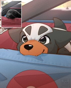 artist_name biting black_fur commentary english_commentary fang gen_2_pokemon highres houndour looking_at_viewer nintendo pokemon pokemon_(creature) reference_inset shyblacksheep tail