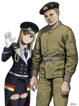 1boy 1girl aiguillette belt beret black_necktie black_skirt black_thighhighs blonde_hair camouflage collared_jacket east_germany girls&#039;_frontline gloves green_eyes hat horikou jacket long_hair military_fatigues military_jacket military_uniform miniskirt necktie peaked_cap skirt strichtarn thighhighs waving white_gloves zettai_ryouiki