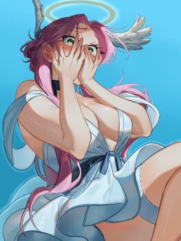 1girl absurdres alien_stage alternate_costume blue_background blush breasts commentary dress english_commentary halo hands_on_own_face head_wings highres kuradrawings long_hair mizi_(alien_stage) pink_hair solo thigh_strap traditional_halo white_dress white_wings wings yellow_eyes