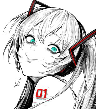1girl :&gt; absurdres aqua_eyes bags_under_eyes character_name commentary crazy_eyes crazy_smile english_commentary from_side greyscale hatsune_miku headset highres looking_at_viewer lughost monochrome number_tattoo portrait signature smile solo tattoo twintails vocaloid