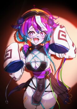 1girl :d absurdres bandaid bandaid_on_face bandaid_on_nose blue_eyes blue_hair blush braid braided_hair_rings breasts cleavage colored_skin commentary commission cowboy_shot detached_sleeves english_commentary fang flower gradient_hair grey_skin groin hair_between_eyes hair_flower hair_ornament hair_rings hands_up hat heart heart-shaped_pupils highres indie_virtual_youtuber jiangshi_costume kghazir looking_at_viewer medium_breasts melody_(projektmelody) melody_(projektmelody)_(jiangshi) multicolored_hair official_alternate_costume ofuda ofuda_on_head open_mouth pelvic_curtain purple_hair purple_sash red_hair sash skeb_commission sleeves_past_fingers sleeves_past_wrists smile solo stitched_face stitches streaked_hair symbol-shaped_pupils tongue virtual_youtuber wide_sleeves