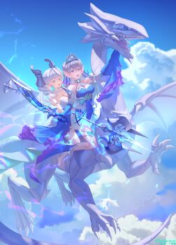 2girls absurdres arm_fins blue-eyes_white_dragon blue_eyes blue_tongue breasts colored_tongue commentary_request demon_girl demon_horns demon_wings dragon drill_hair duel_monster fins fish_girl grey_eyes head_fins highres horns kitkallos_(yu-gi-oh!) large_breasts long_hair lovely_labrynth_of_the_silver_castle multiple_girls open_mouth pointy_ears polearm rare_lemon silver_tiara spear tearlaments_kitkallos teeth tiara transparent_wings twin_drills weapon western_dragon wings yu-gi-oh! yuri