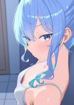 1girl absurdres asymmetrical_sidelocks blue_eyes blue_hair blue_ribbon breasts camisole cleavage commentary diptip double-parted_bangs english_commentary hair_between_eyes hair_ribbon highres hololive hoshimachi_suisei indoors looking_at_viewer medium_hair ribbon side_ponytail sidelocks small_breasts solo spaghetti_strap star_(symbol) star_in_eye symbol_in_eye upper_body virtual_youtuber white_camisole